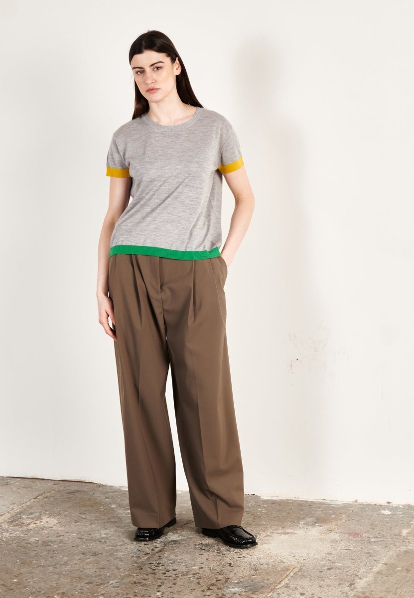 T-shirt col rond tricolore ultrafin cachemire et laine gris/jaune/vert femme - KELLY 8 - Studio cashmere8