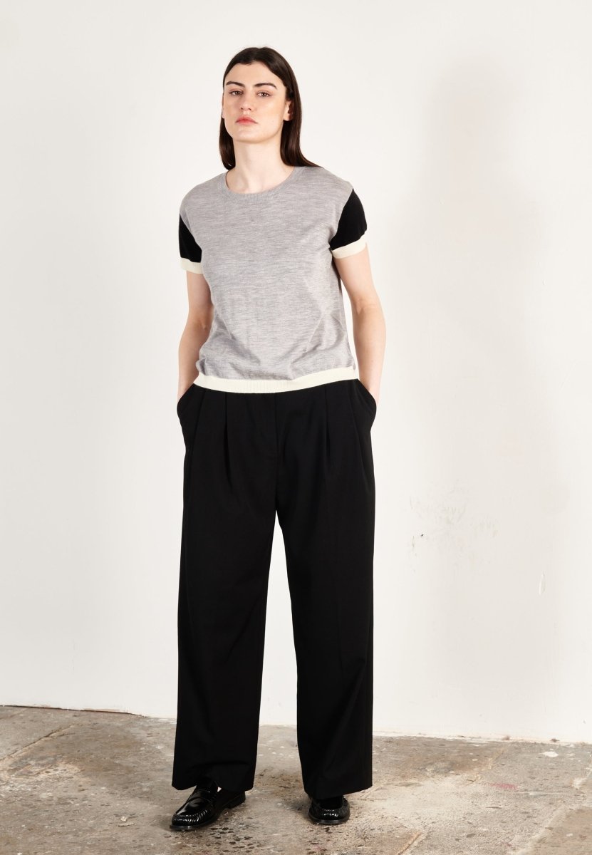 T-shirt col rond tricolore ultrafin cachemire et laine gris/noir/blanc femme - KELLY 7 - Studio cashmere8