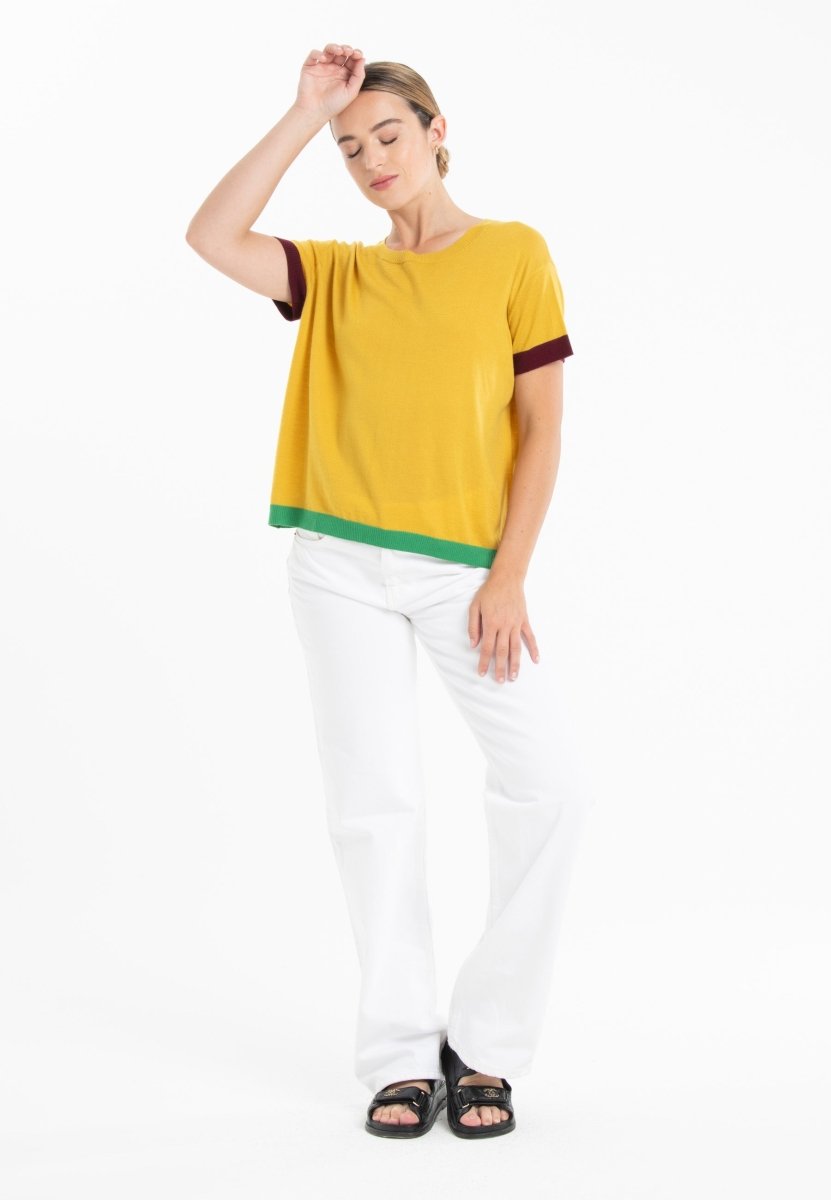 T-shirt col rond tricolore ultrafin cachemire et laine jaune/rouge bordeaux/vert femme - KELLY 8 - Studio cashmere8