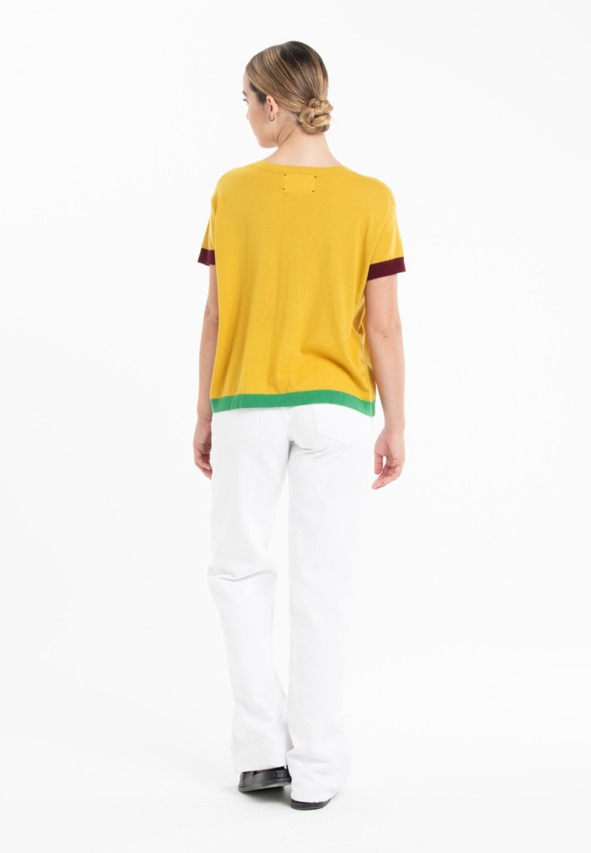 T-shirt col rond tricolore ultrafin cachemire et laine jaune/rouge bordeaux/vert femme - KELLY 8 - Studio cashmere8