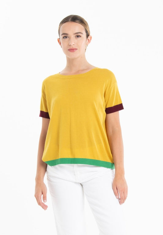 T-shirt col rond tricolore ultrafin cachemire et laine jaune/rouge bordeaux/vert femme - KELLY 8 - Studio cashmere8