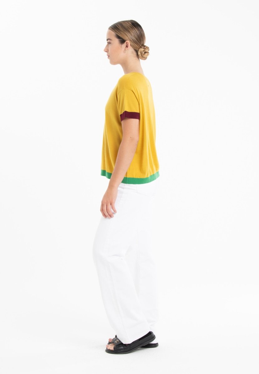 T-shirt col rond tricolore ultrafin cachemire et laine jaune/rouge bordeaux/vert femme - KELLY 8 - Studio cashmere8