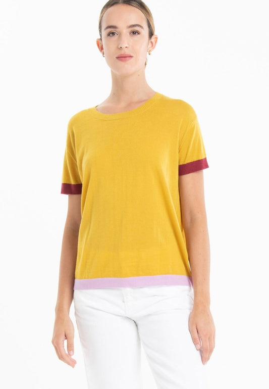 T-shirt col rond tricolore ultrafin cachemire et laine jaune/rouge/lavande femme - KELLY 8 - Studio cashmere8
