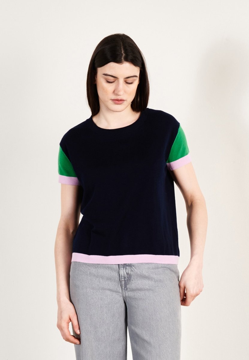 T-shirt col rond tricolore ultrafin cachemire et laine marine/vert/lavande femme - KELLY 7 - Studio cashmere8