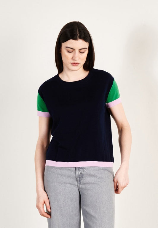 T-shirt col rond tricolore ultrafin cachemire et laine marine/vert/lavande femme - KELLY 7 - Studio cashmere8