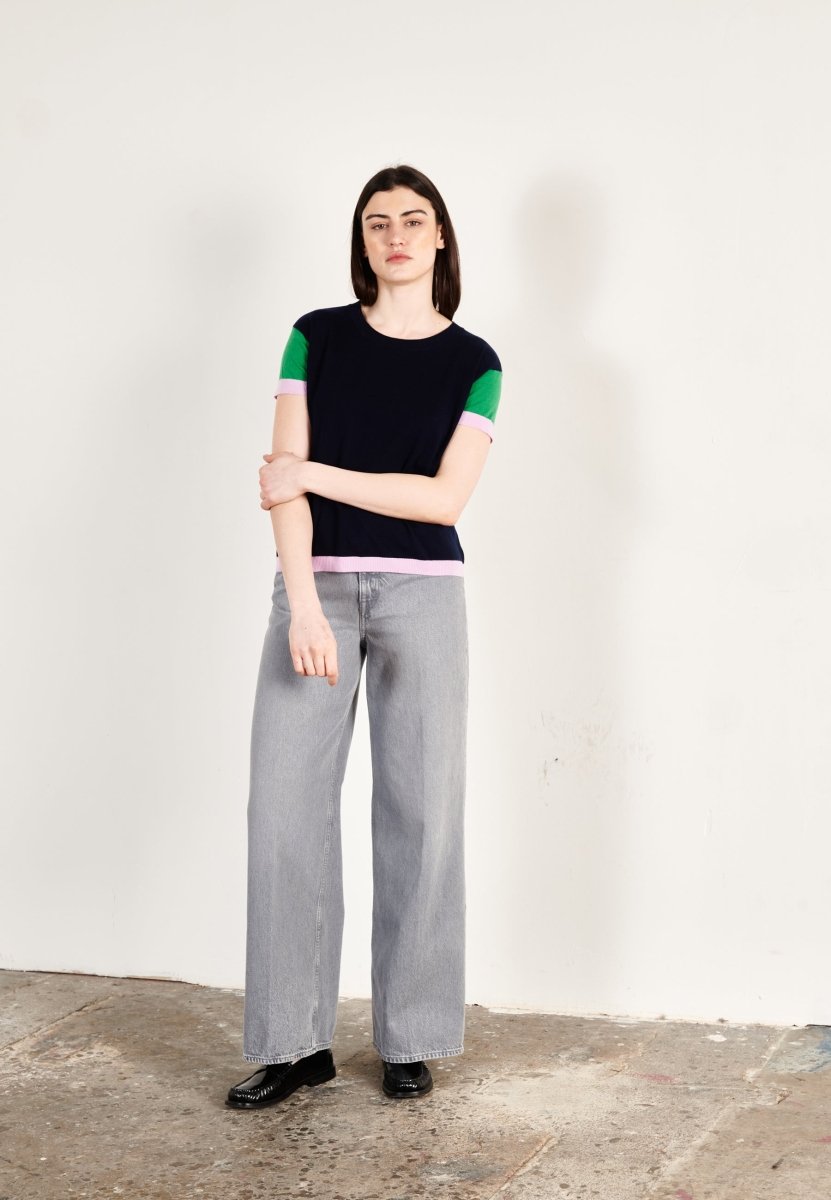 T-shirt col rond tricolore ultrafin cachemire et laine marine/vert/lavande femme - KELLY 7 - Studio cashmere8