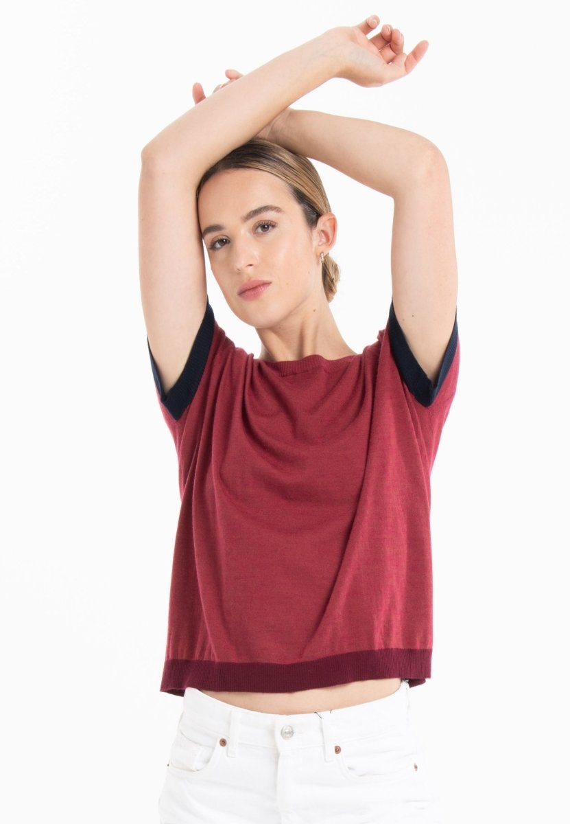 T-shirt col rond tricolore ultrafin cachemire et laine rouge/bleu marine/rouge bordeaux femme - KELLY 8 - Studio cashmere8