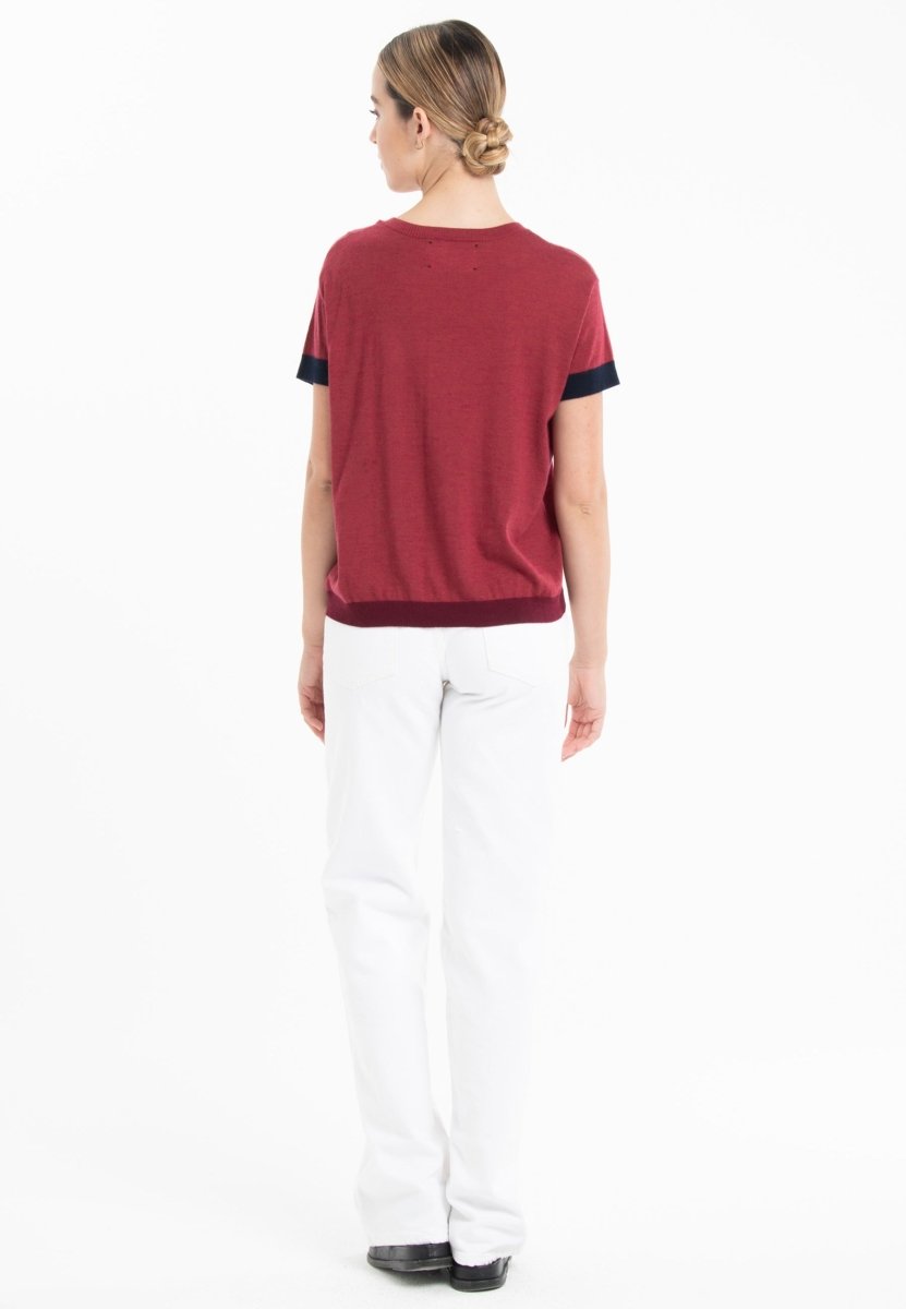 T-shirt col rond tricolore ultrafin cachemire et laine rouge/bleu marine/rouge bordeaux femme - KELLY 8 - Studio cashmere8