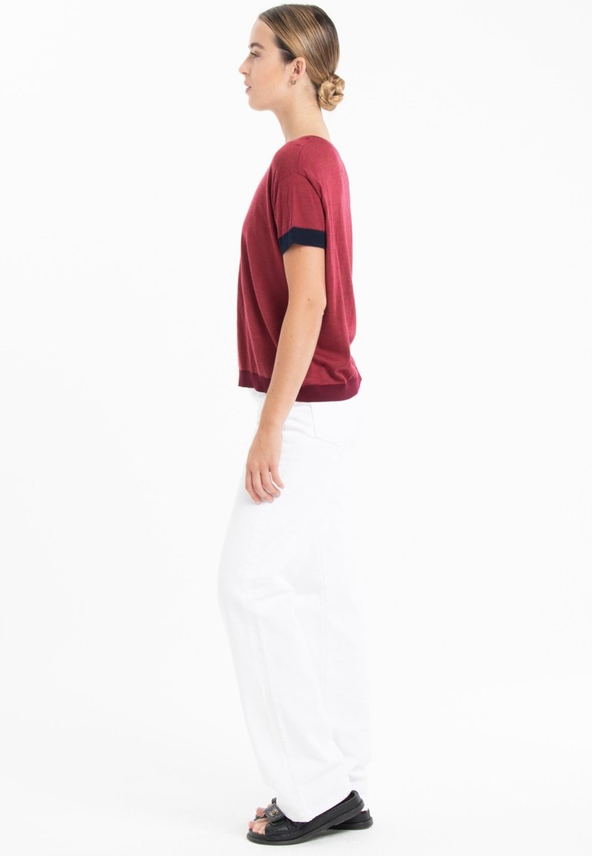 T-shirt col rond tricolore ultrafin cachemire et laine rouge/bleu marine/rouge bordeaux femme - KELLY 8 - Studio cashmere8