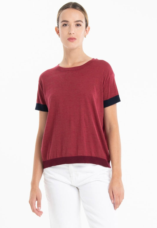 T-shirt col rond tricolore ultrafin cachemire et laine rouge/bleu marine/rouge bordeaux femme - KELLY 8 - Studio cashmere8