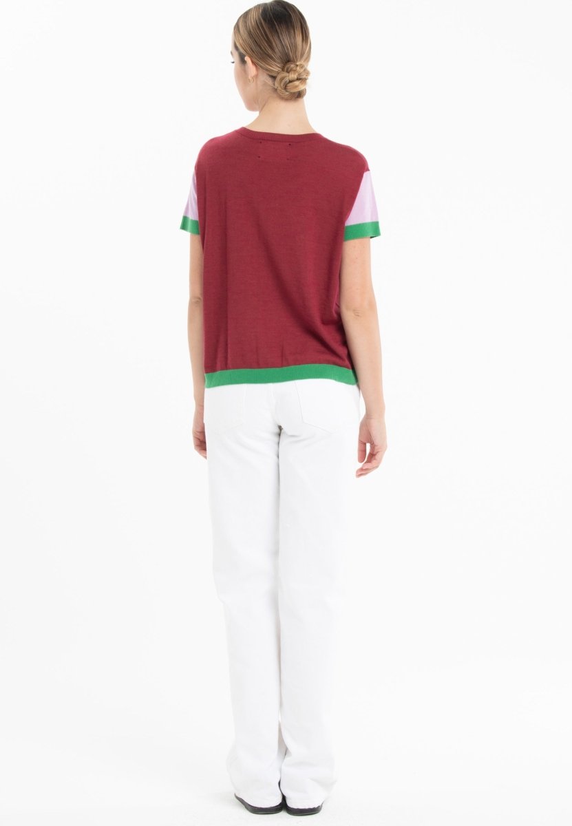 T-shirt col rond tricolore ultrafin cachemire et laine rouge/lavande/vert femme - KELLY 7 - Studio cashmere8