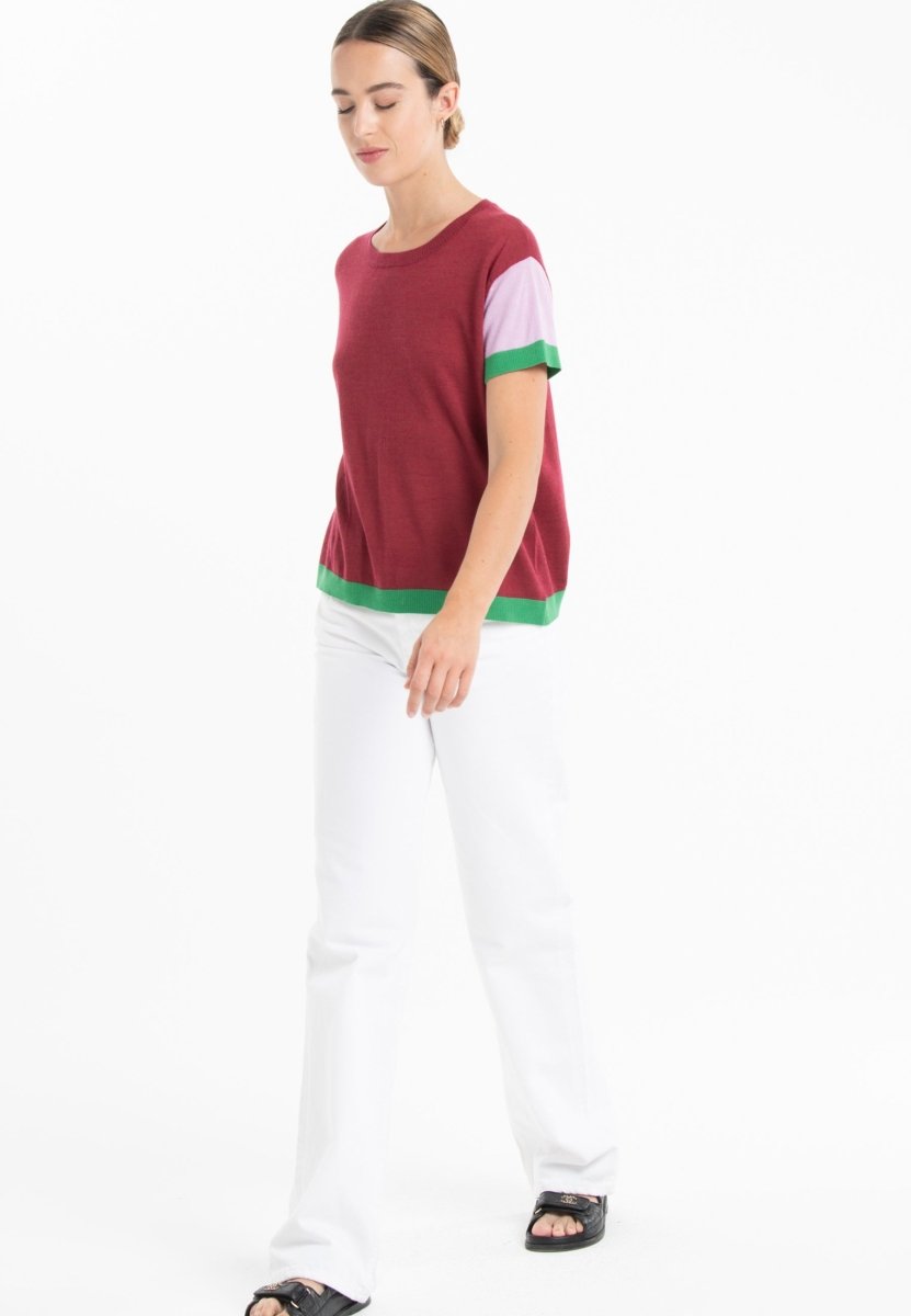 T-shirt col rond tricolore ultrafin cachemire et laine rouge/lavande/vert femme - KELLY 7 - Studio cashmere8