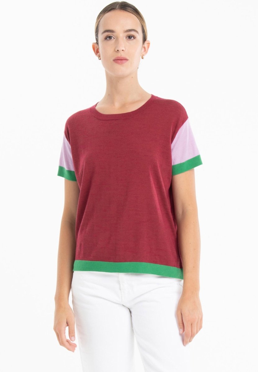 T-shirt col rond tricolore ultrafin cachemire et laine rouge/lavande/vert femme - KELLY 7 - Studio cashmere8