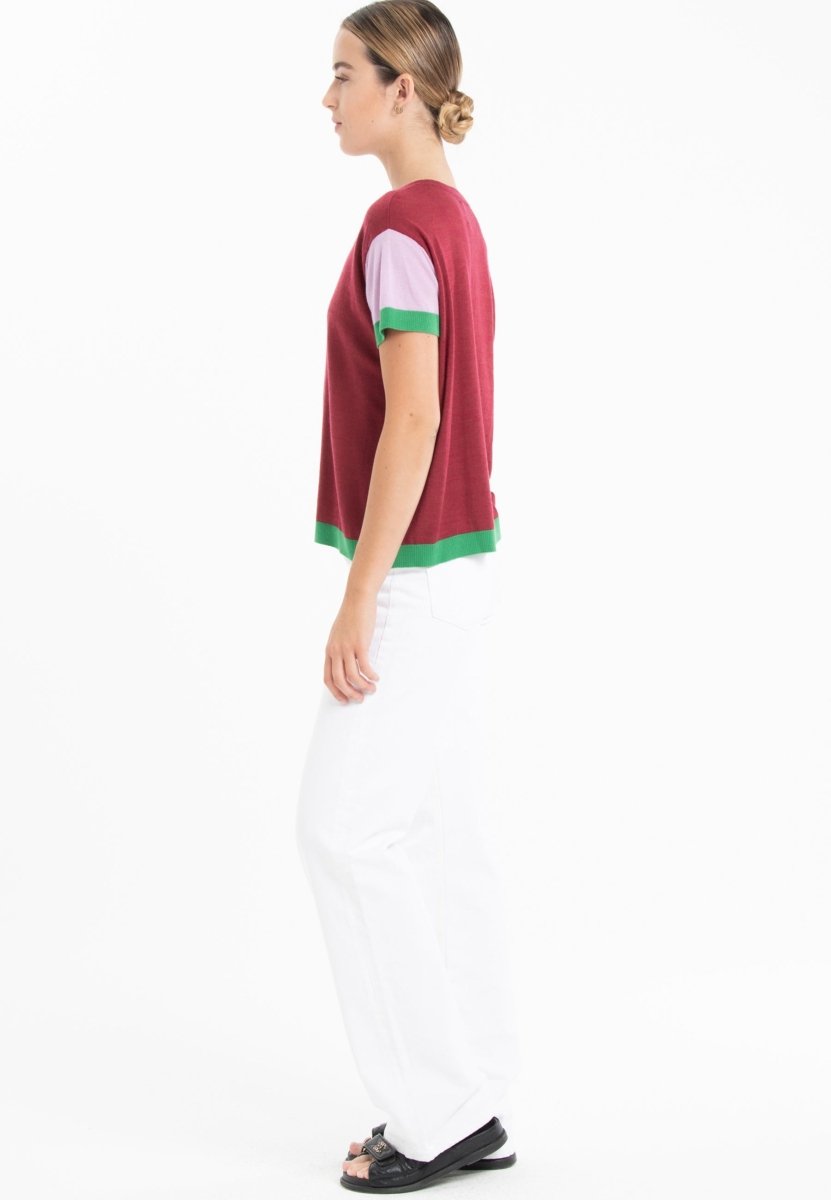 T-shirt col rond tricolore ultrafin cachemire et laine rouge/lavande/vert femme - KELLY 7 - Studio cashmere8