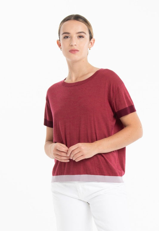 T-shirt col rond tricolore ultrafin cachemire et laine rouge/rouge bordeaux/violet - KELLY 8 - Studio cashmere8