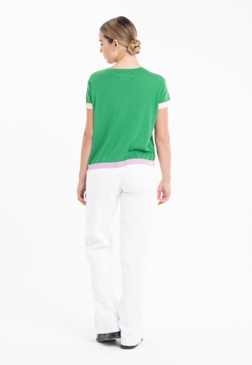 T-shirt col rond tricolore ultrafin cachemire et laine vert/lavande/blanc femme - KELLY 8 - Studio cashmere8