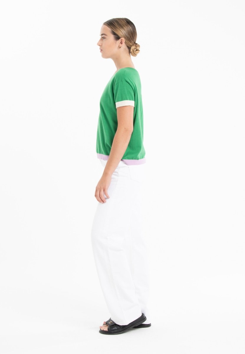 T-shirt col rond tricolore ultrafin cachemire et laine vert/lavande/blanc femme - KELLY 8 - Studio cashmere8