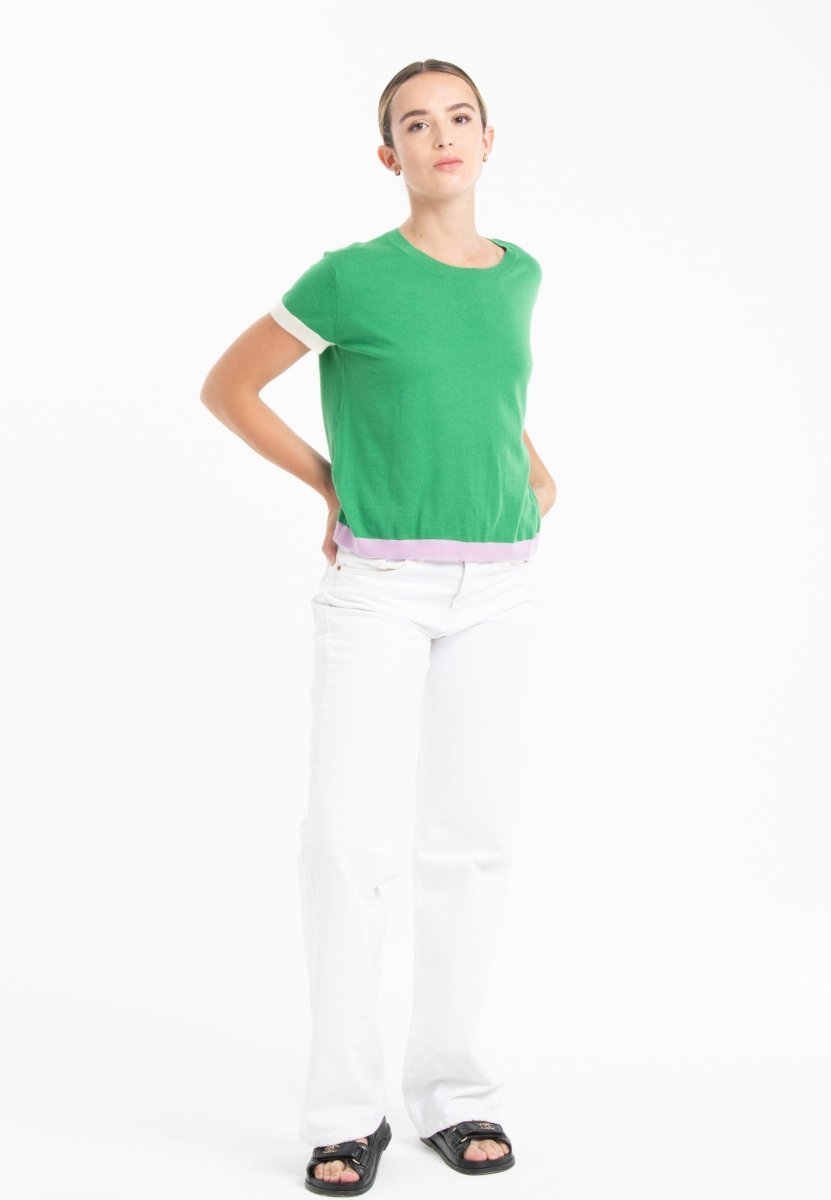 T-shirt col rond tricolore ultrafin cachemire et laine vert/lavande/blanc femme - KELLY 8 - Studio cashmere8