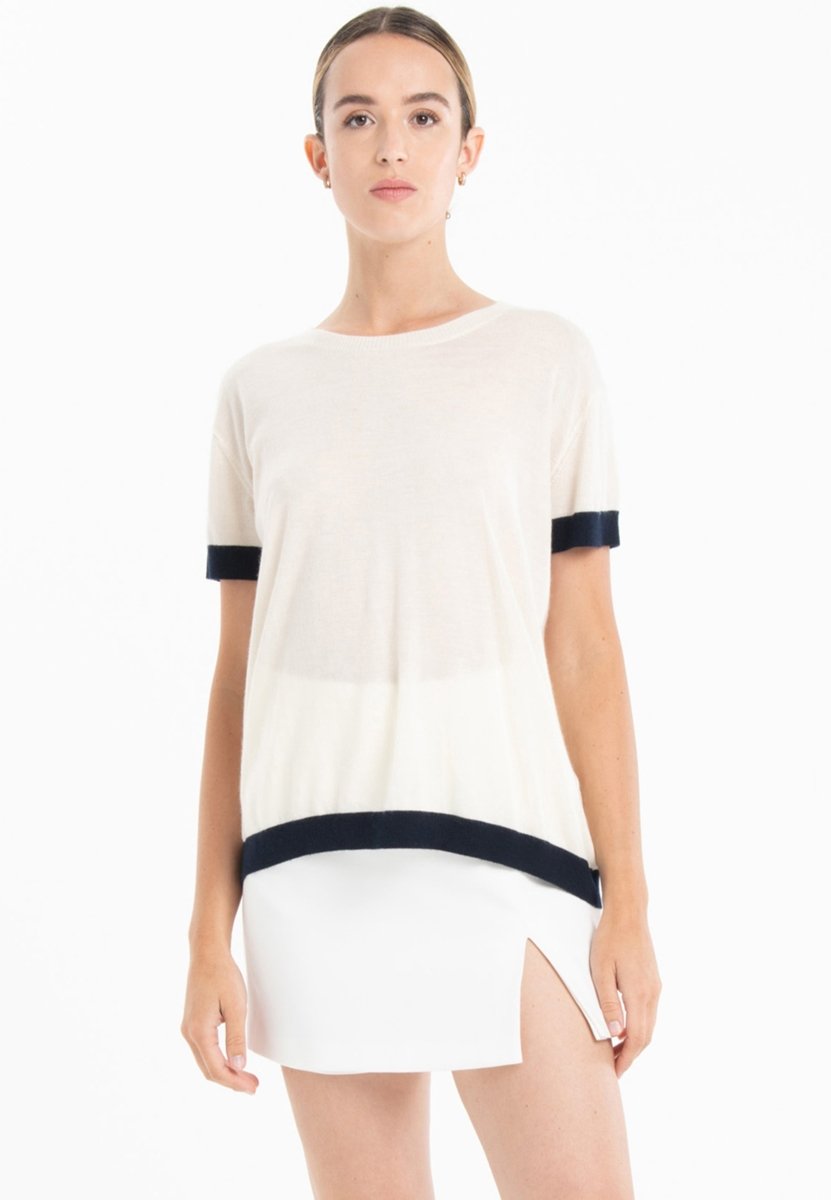 T-shirt col rond ultrafin cachemire et laine blanc/bleu marine femme - KELLY 1 - Studio cashmere8