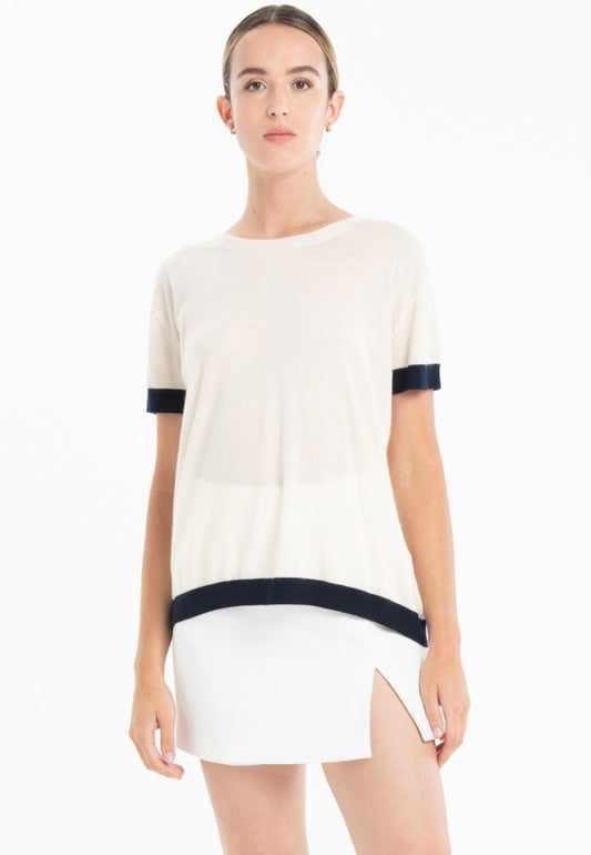 T-shirt col rond ultrafin cachemire et laine blanc/bleu marine femme - KELLY 1 - Studio cashmere8