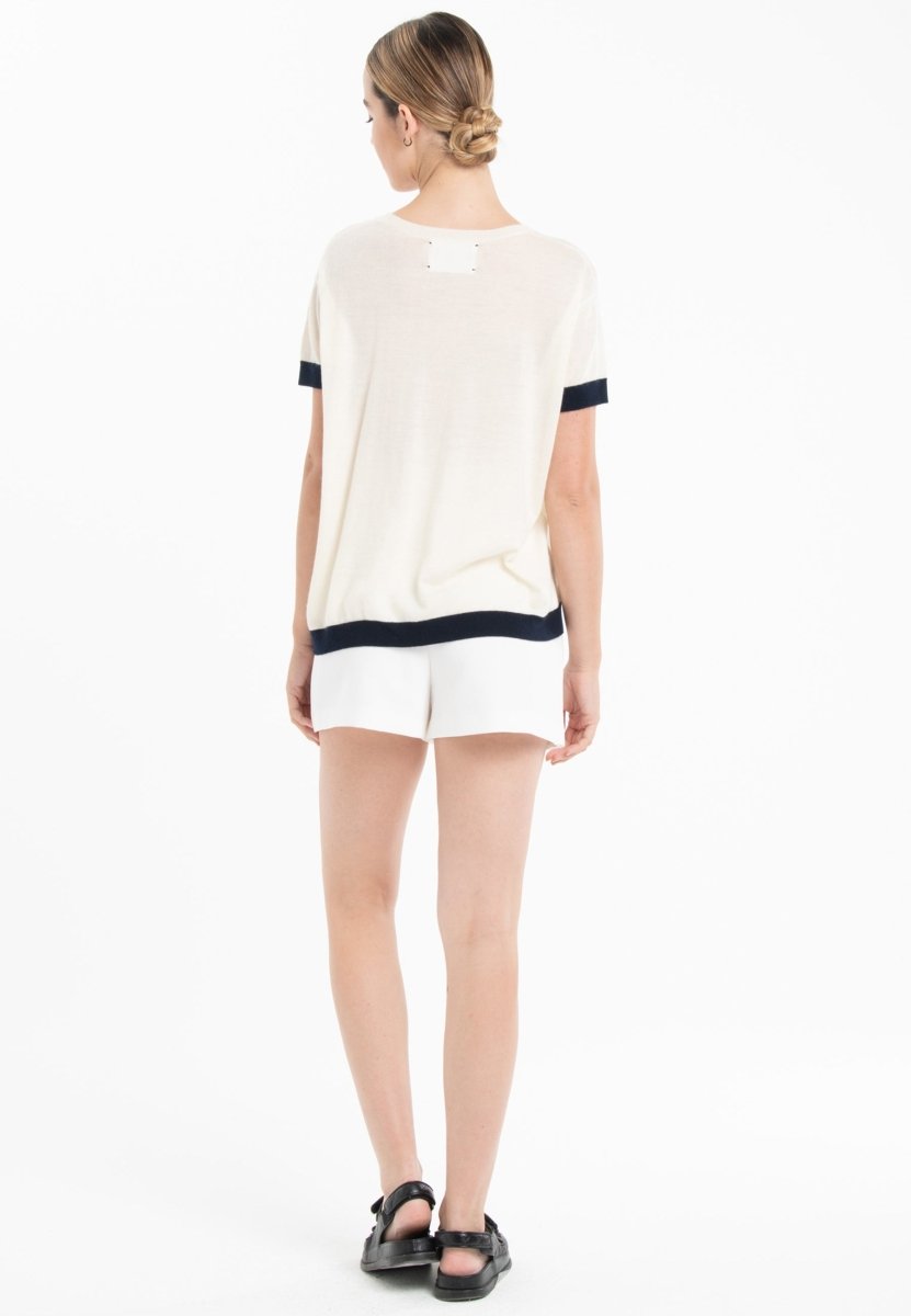 T-shirt col rond ultrafin cachemire et laine blanc/bleu marine femme - KELLY 1 - Studio cashmere8