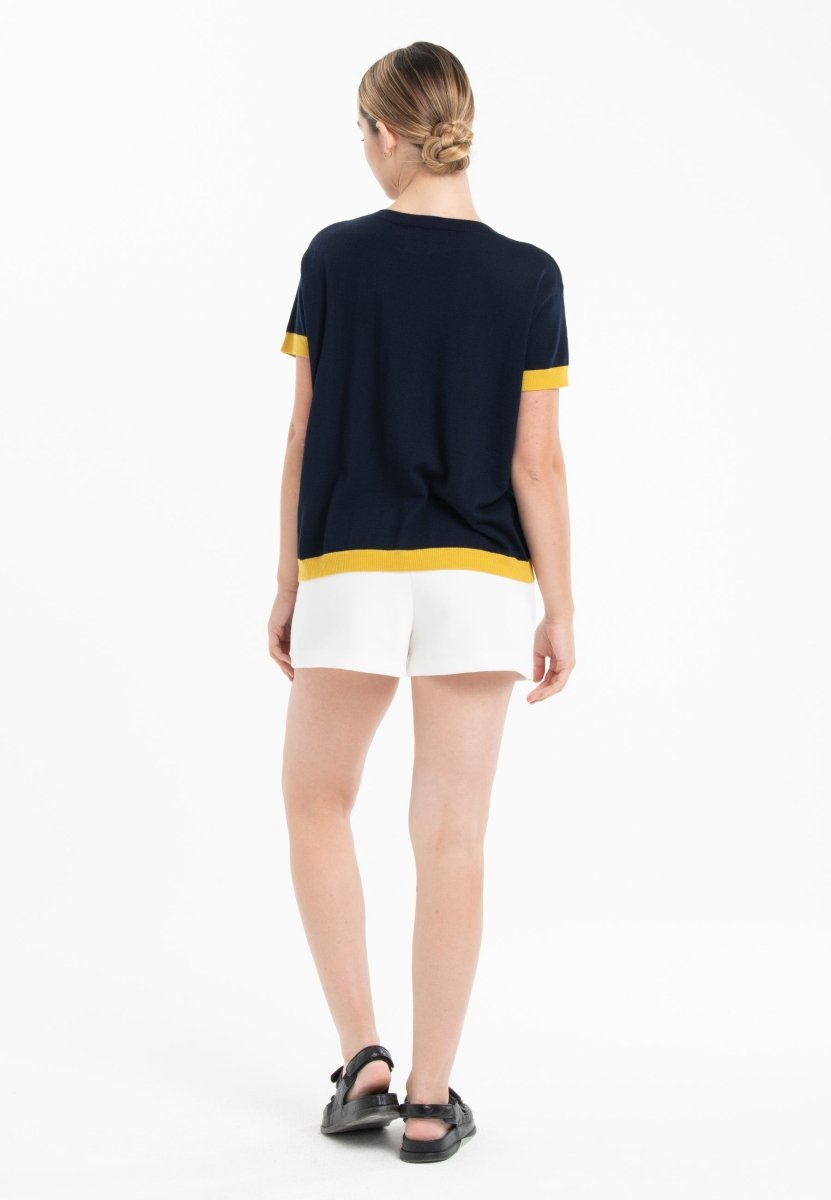 T-shirt col rond ultrafin cachemire et laine bleu marine/jaune femme - KELLY 1 - Studio cashmere8