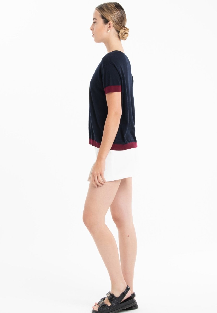 T-shirt col rond ultrafin cachemire et laine bleu marine/rouge bordeaux femme - KELLY 1 - Studio cashmere8