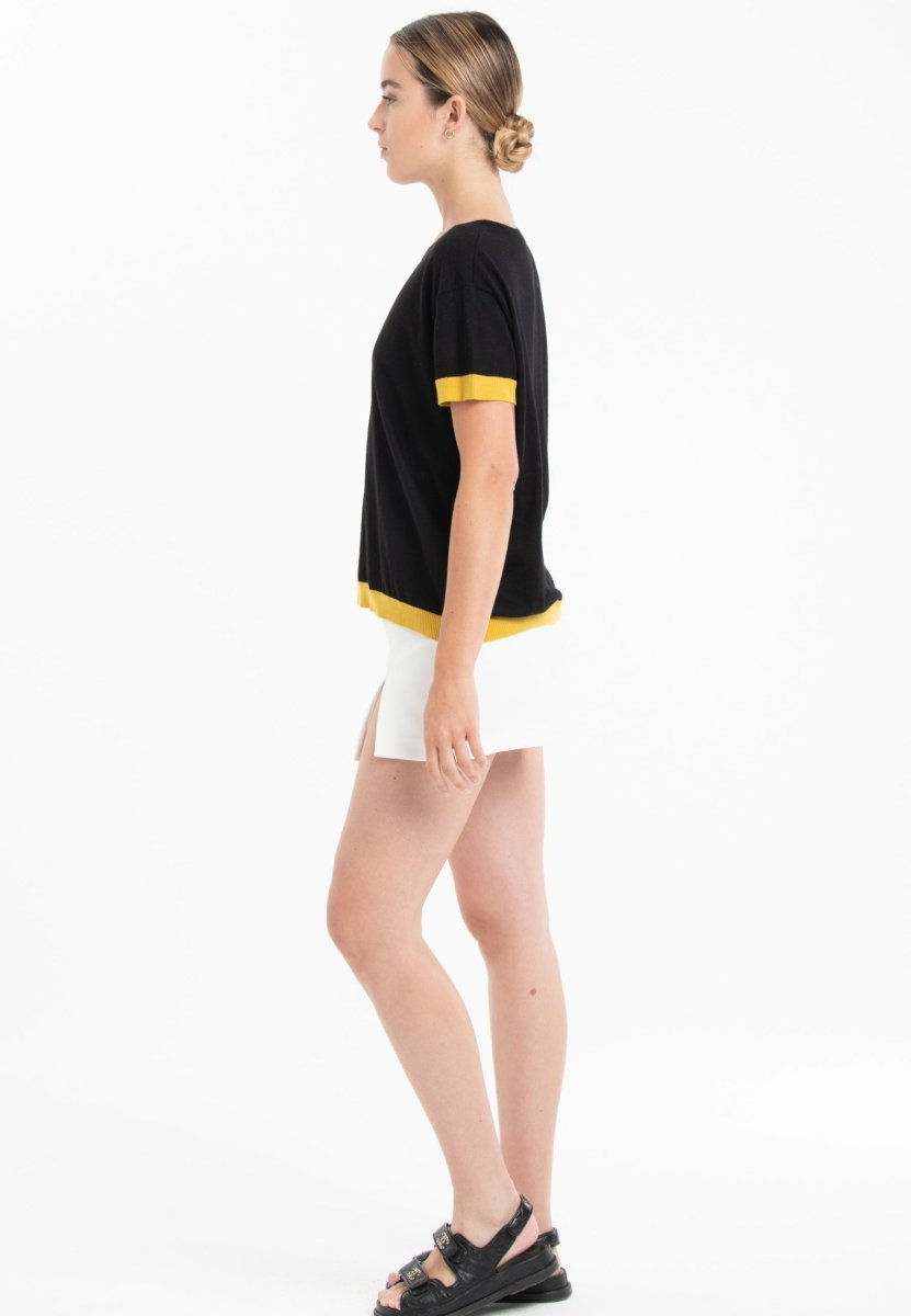 T-shirt col rond ultrafin cachemire et laine noir/jaune femme - KELLY 1 - Studio cashmere8