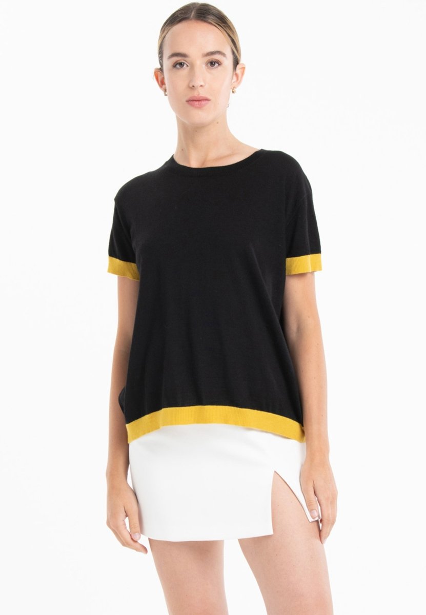 T-shirt col rond ultrafin cachemire et laine noir/jaune femme - KELLY 1 - Studio cashmere8