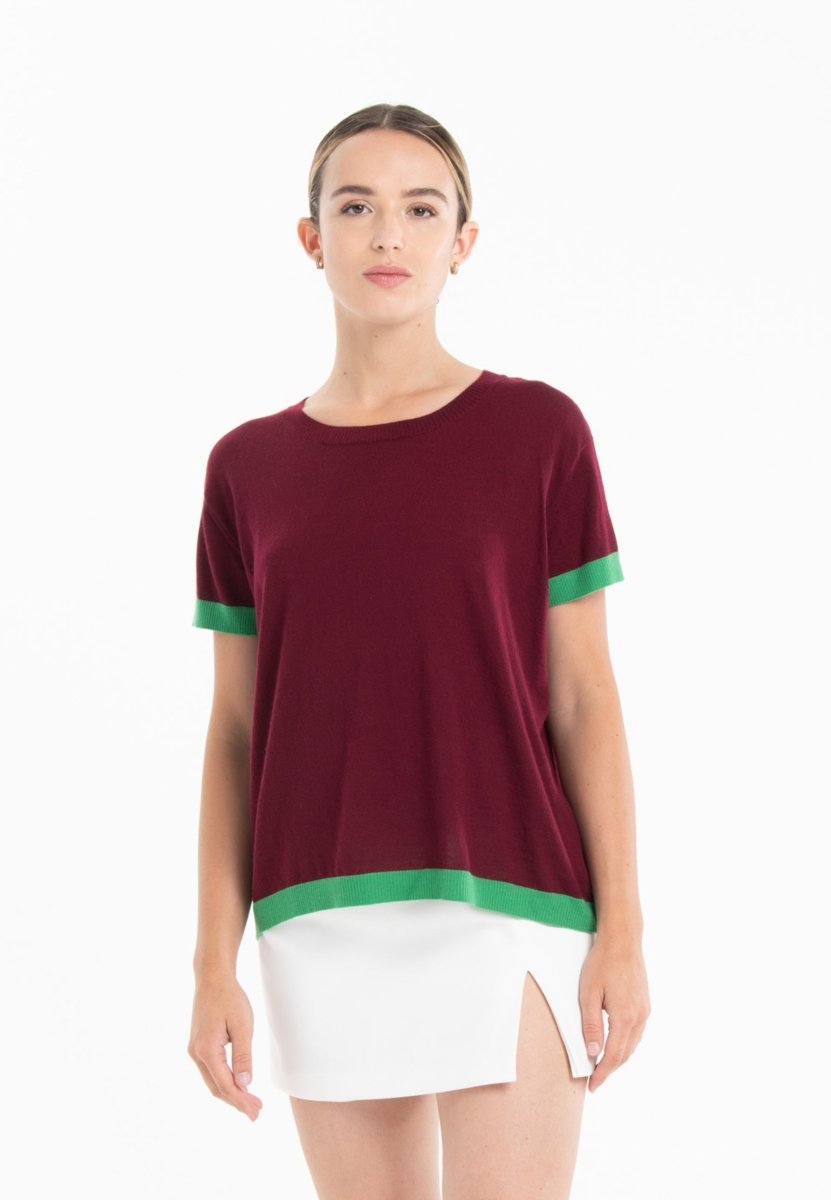 T-shirt col rond ultrafin cachemire et laine rouge bordeaux/vert femme - KELLY 1 - Studio cashmere8