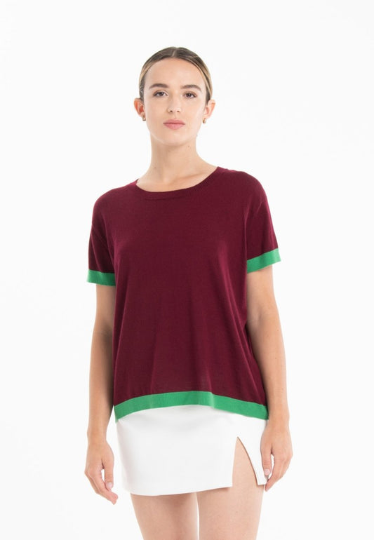 T-shirt col rond ultrafin cachemire et laine rouge bordeaux/vert femme - KELLY 1 - Studio cashmere8