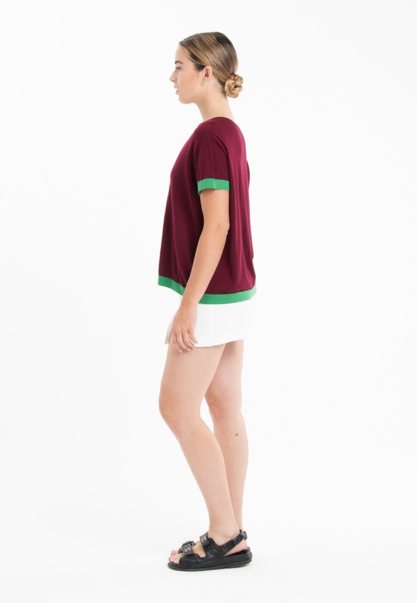 T-shirt col rond ultrafin cachemire et laine rouge bordeaux/vert femme - KELLY 1 - Studio cashmere8