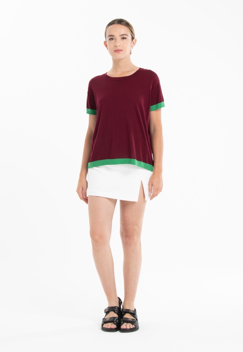 T-shirt col rond ultrafin cachemire et laine rouge bordeaux/vert femme - KELLY 1 - Studio cashmere8