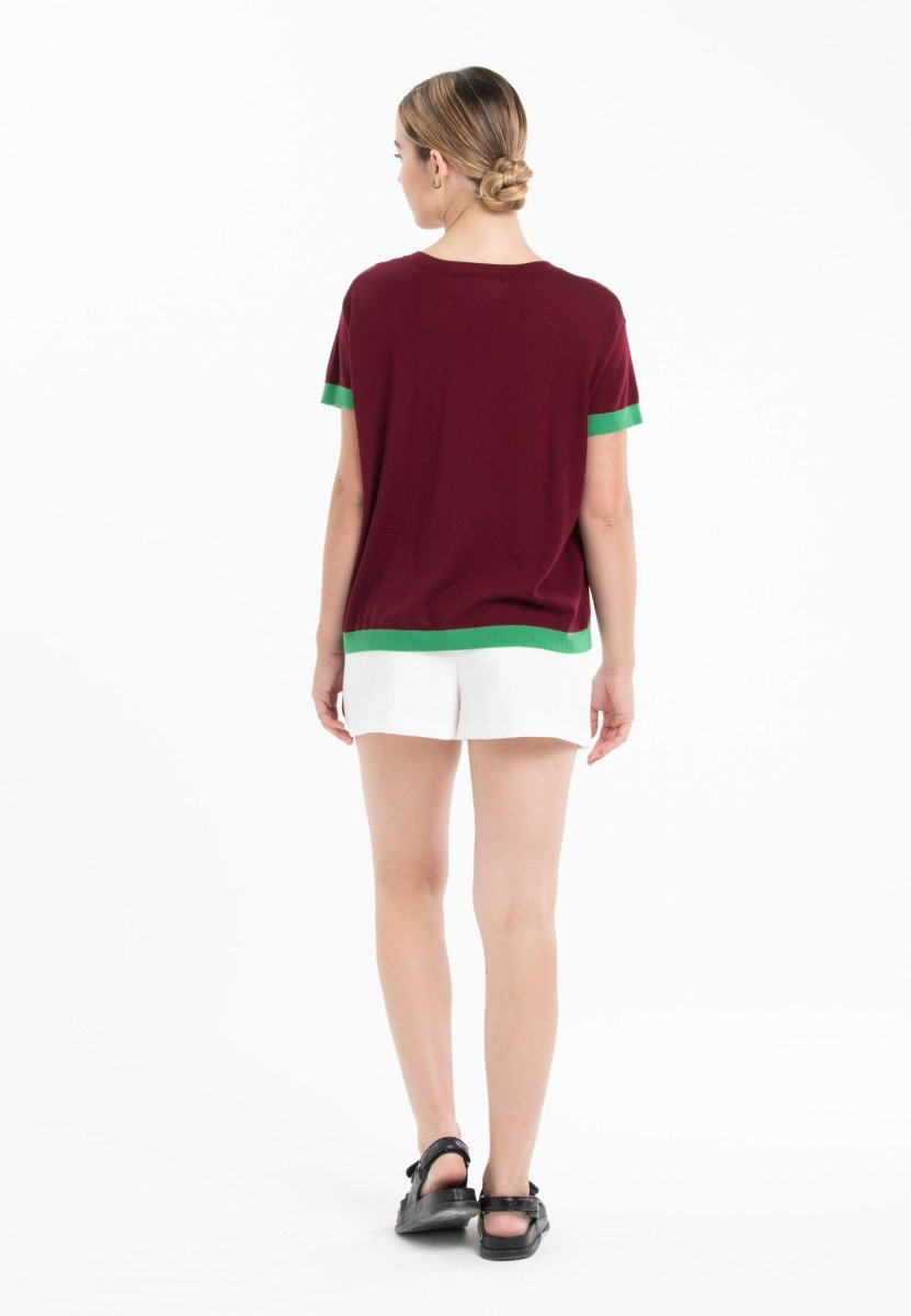 T-shirt col rond ultrafin cachemire et laine rouge bordeaux/vert femme - KELLY 1 - Studio cashmere8