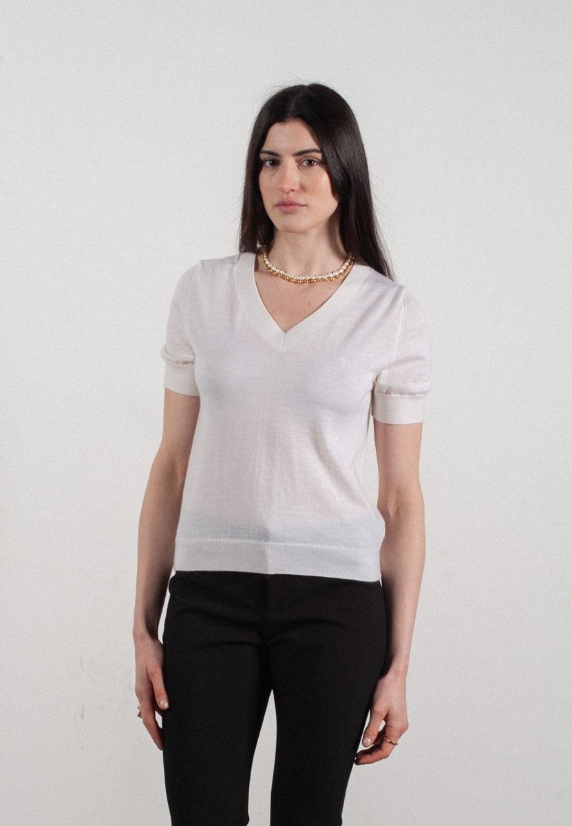 T-shirt col V manches courtes femme en cachemire et laine ultrafin blanc - FRIDA 10 - Studio cashmere8