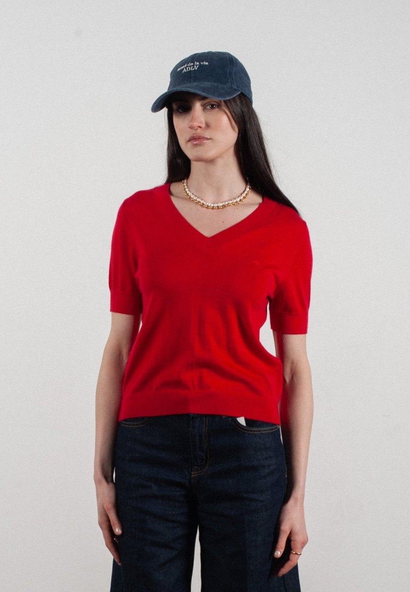 T-shirt col V manches courtes femme en cachemire et laine ultrafin rouge - FRIDA 10 - Studio cashmere8