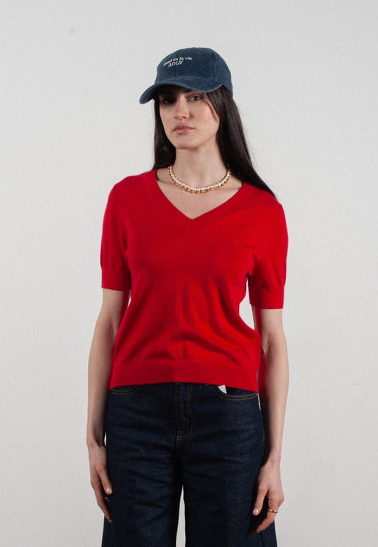 T-shirt col V manches courtes femme en cachemire et laine ultrafin rouge - FRIDA 10 - Studio cashmere8