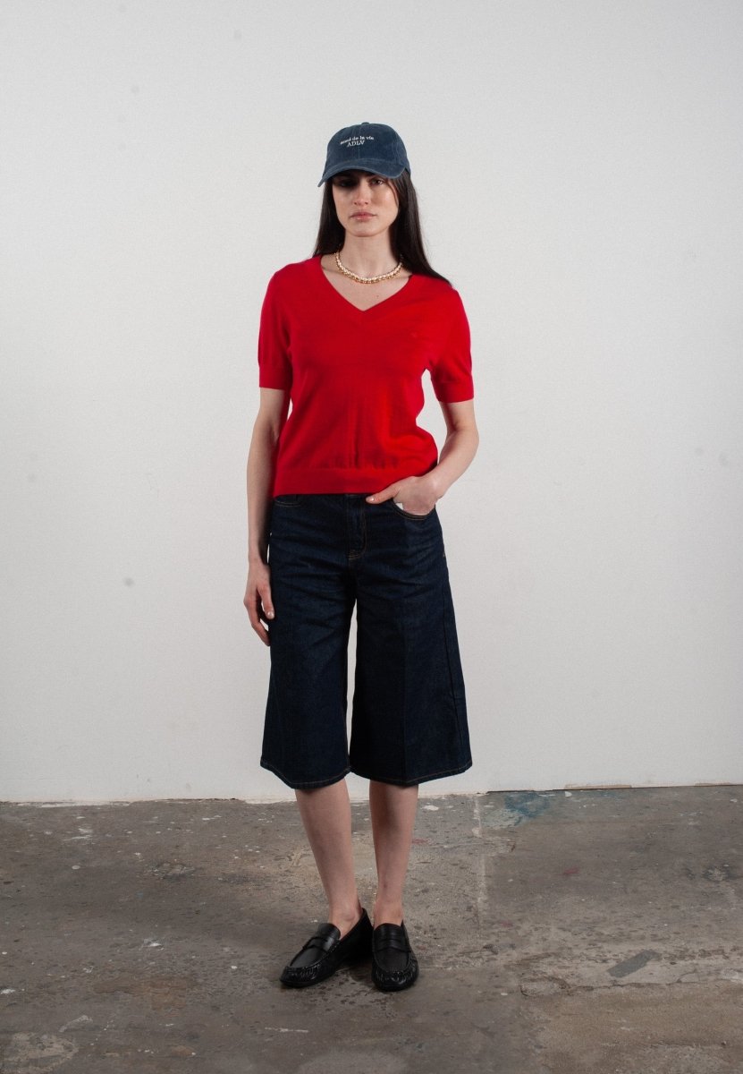 T-shirt col V manches courtes femme en cachemire et laine ultrafin rouge - FRIDA 10 - Studio cashmere8