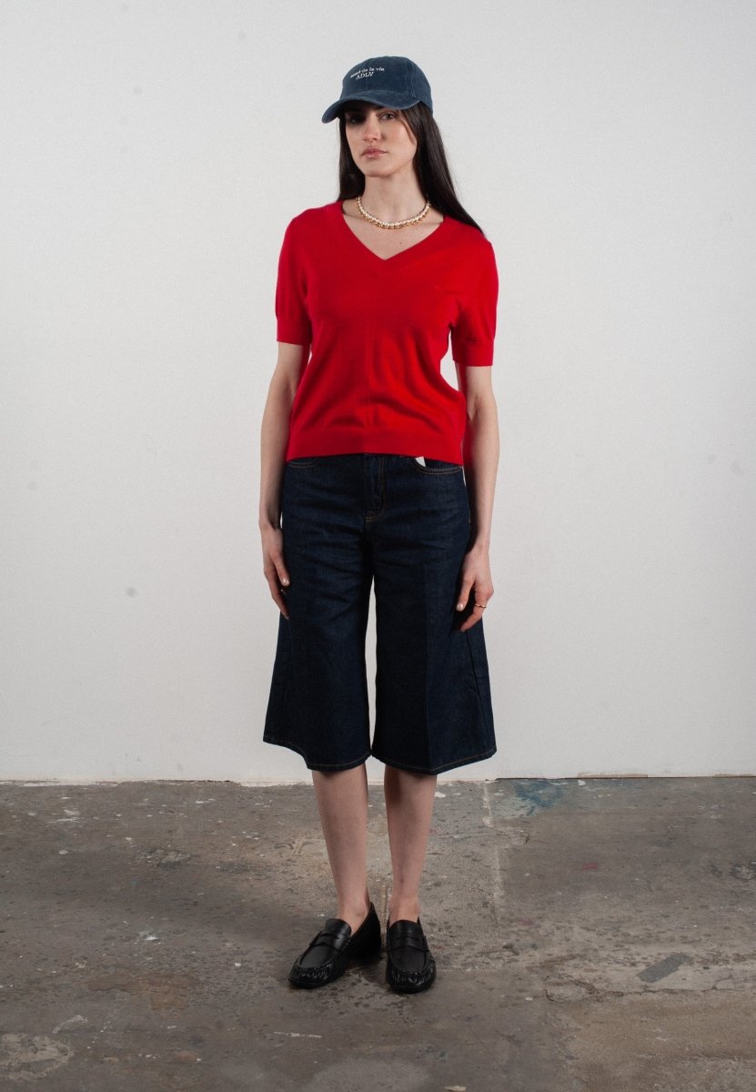 T-shirt col V manches courtes femme en cachemire et laine ultrafin rouge - FRIDA 10 - Studio cashmere8