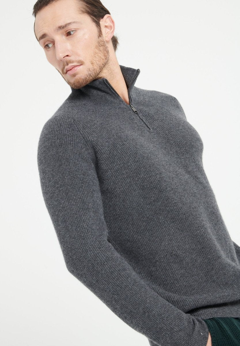 ZACH 2 Sweat col cheminé zippé en cachemire gris anthracite - Studio cashmere8