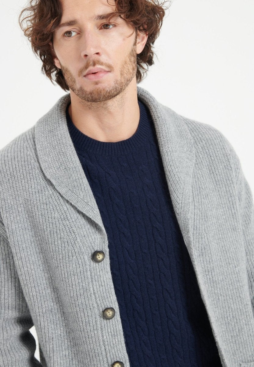 ZACH 4 Cardigan col châle côtelé en cachemire 4 fils gris clair - Studio cashmere8