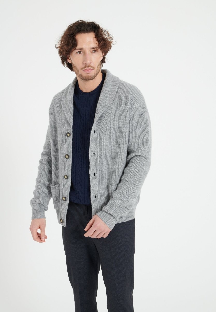 ZACH 4 Cardigan col châle côtelé en cachemire 4 fils gris clair - Studio cashmere8