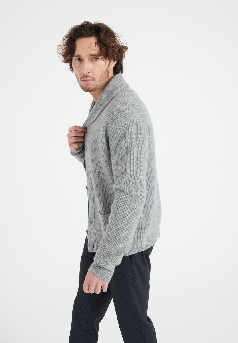 ZACH 4 Cardigan col châle côtelé en cachemire 4 fils gris clair - Studio cashmere8