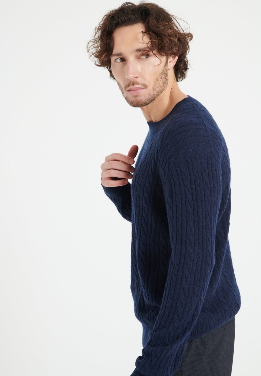 ZACH 5 Pull col rond en cachemire à mailles torsardées bleu marine - Studio cashmere8