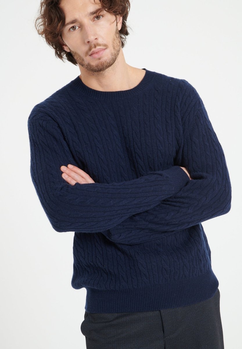 ZACH 5 Pull col rond en cachemire à mailles torsardées bleu marine - Studio cashmere8