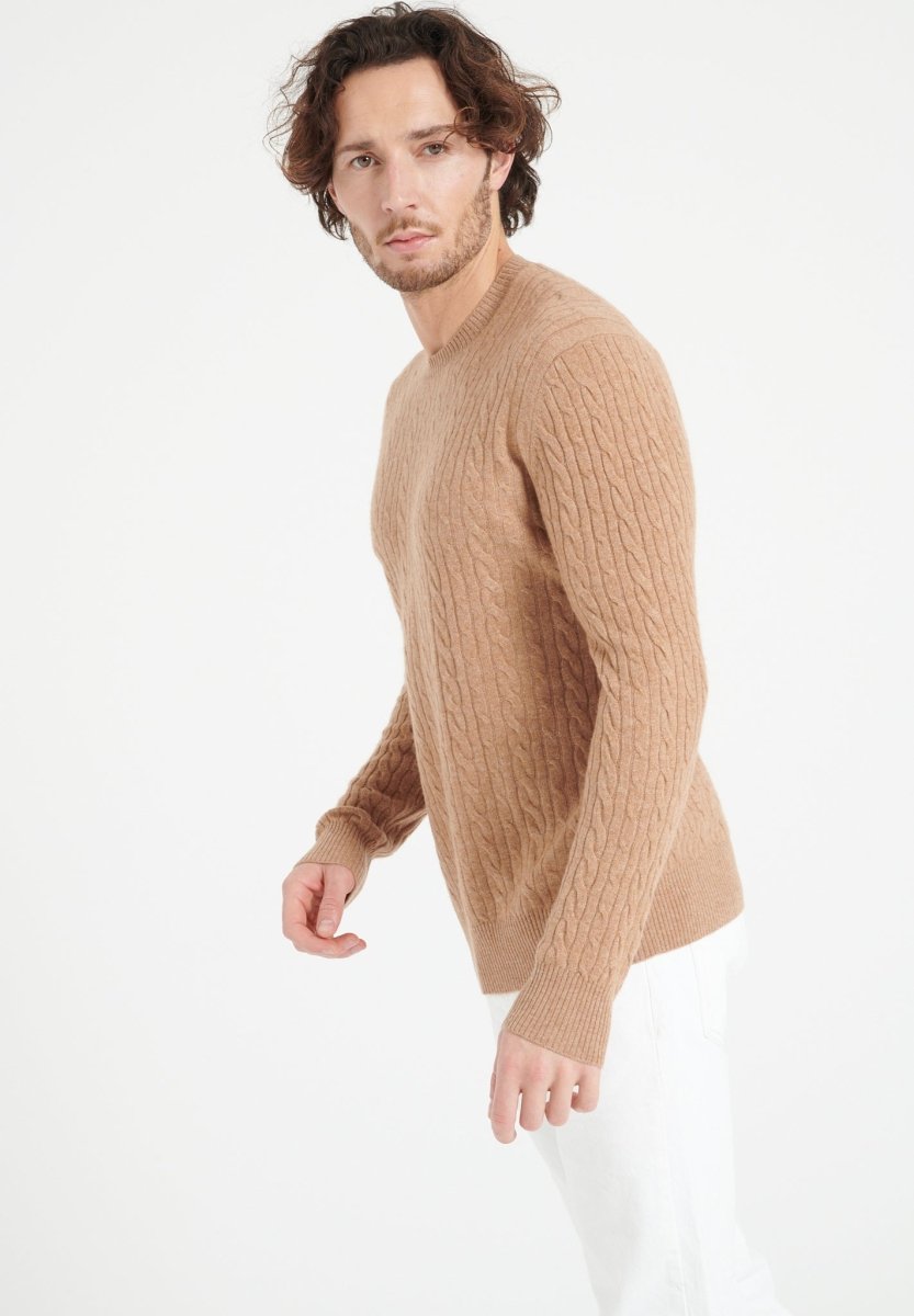 ZACH 5 Pull col rond en cachemire à mailles torsardées camel - Studio cashmere8