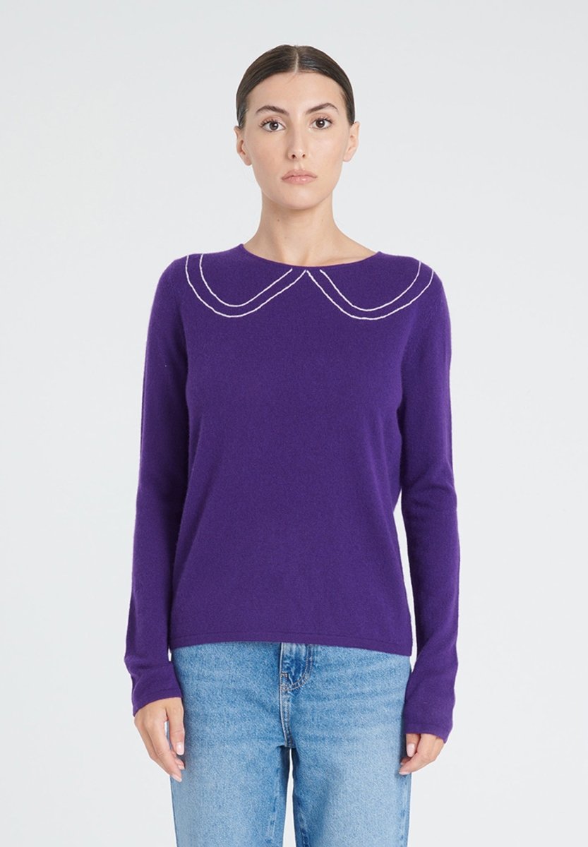 ZAYA 11 Pull col claudine intarsia en cachemire violet foncé - Studio cashmere8