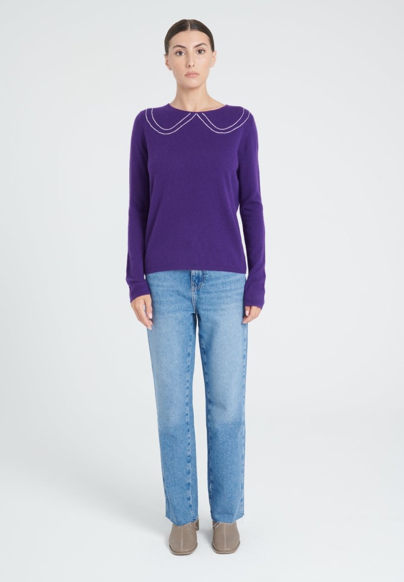 ZAYA 11 Pull col claudine intarsia en cachemire violet foncé - Studio cashmere8