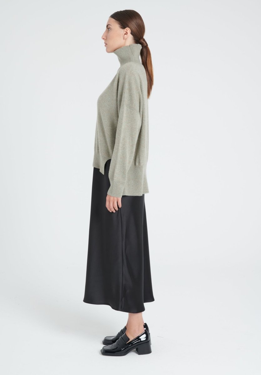 ZAYA 13 Pull col montant oversize en cachemire kaki taupe chiné - Studio cashmere8