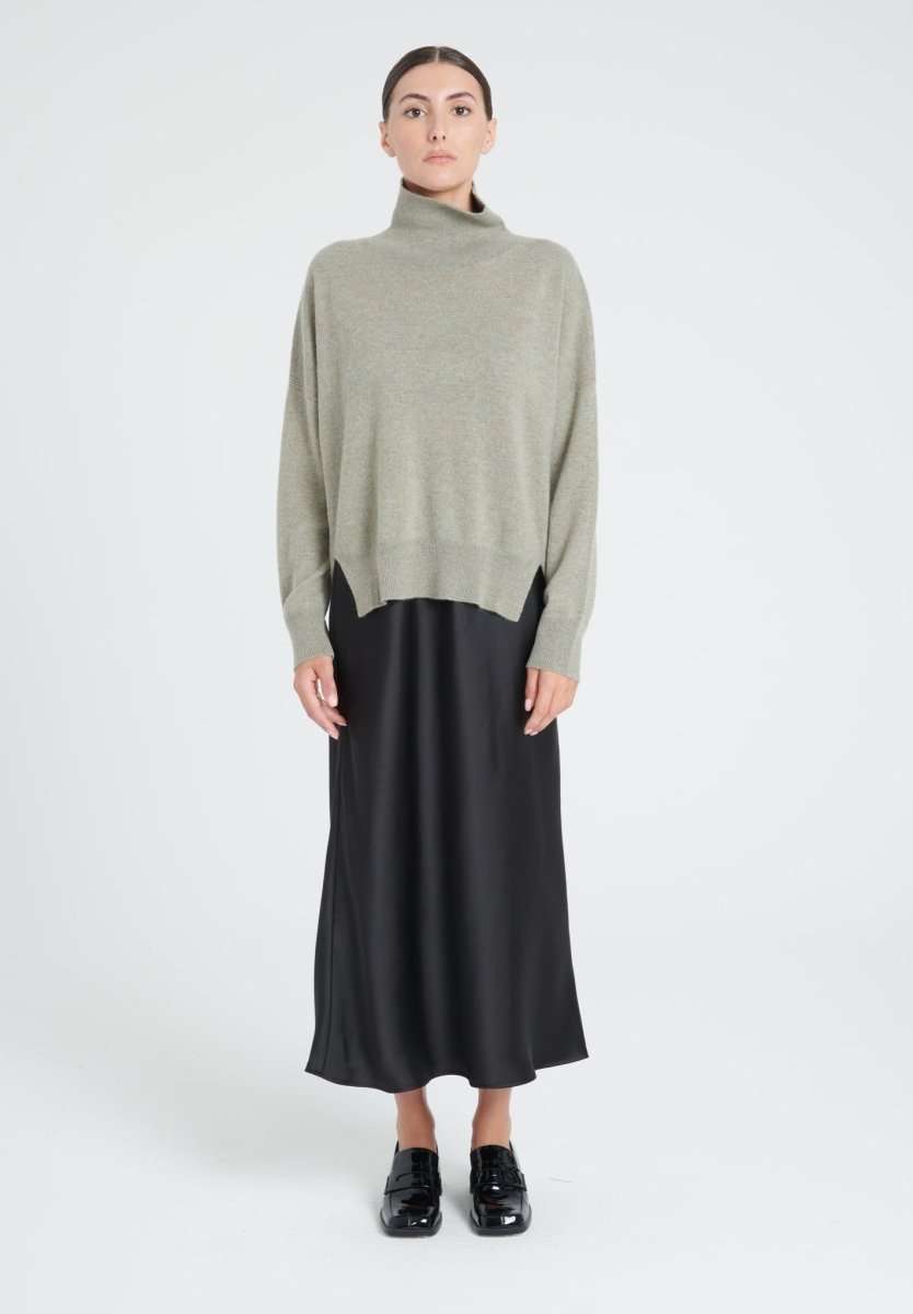 ZAYA 13 Pull col montant oversize en cachemire kaki taupe chiné - Studio cashmere8